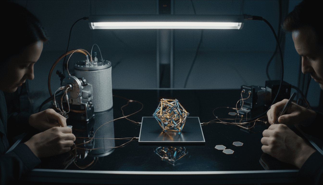 A conceptual image showing a time crystal integrated with a quantum device, illustrating the connection of a time crystal to real device.