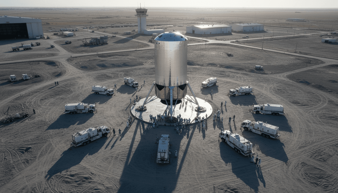 An aerial view of the Blue Origin Moon lander being tested at a NASA facility.