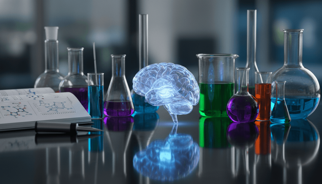 A meticulously arranged still life featuring a glowing holographic brain model, symbolic of AI, surrounded by various laboratory beakers and vials, representing AI drug discovery.