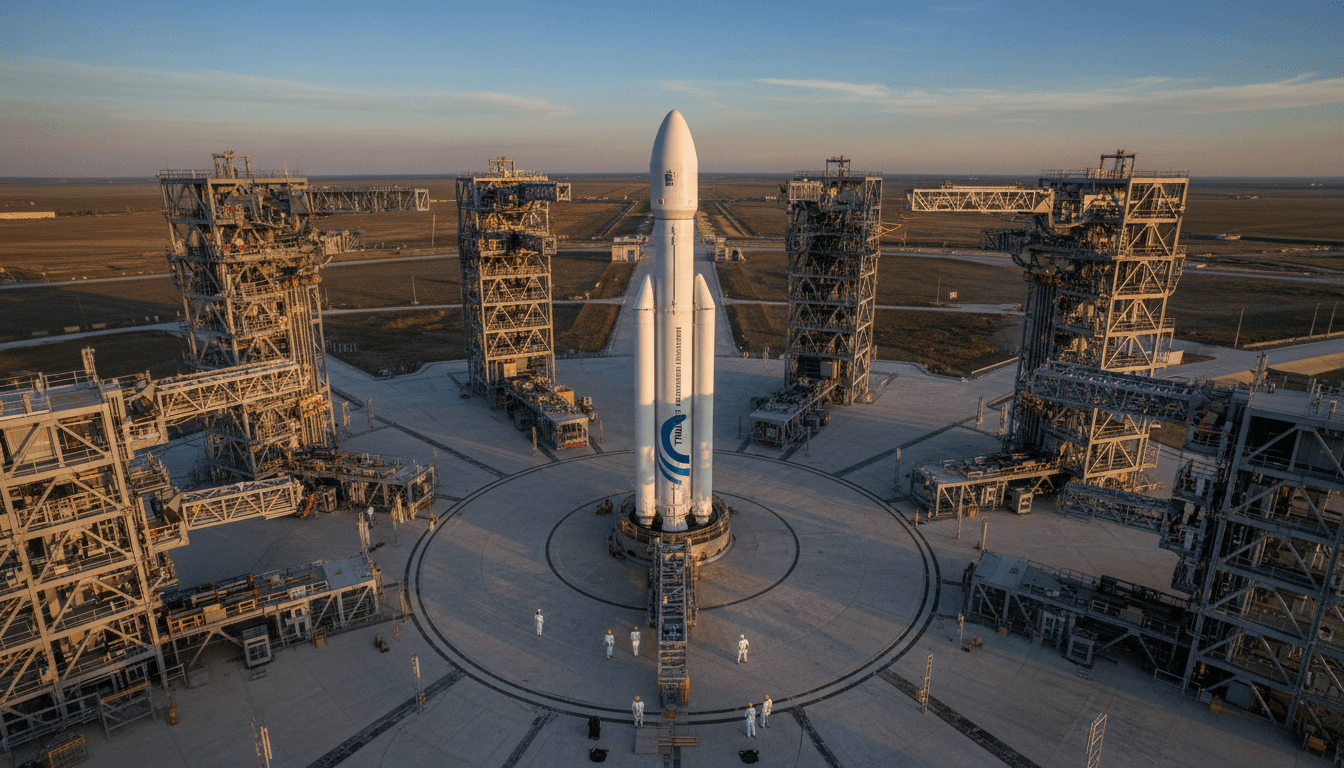 A sleek, advanced European spacecraft, designed for reusability, positioned vertically on a launchpad under a clear sky, ready for its inaugural flight.