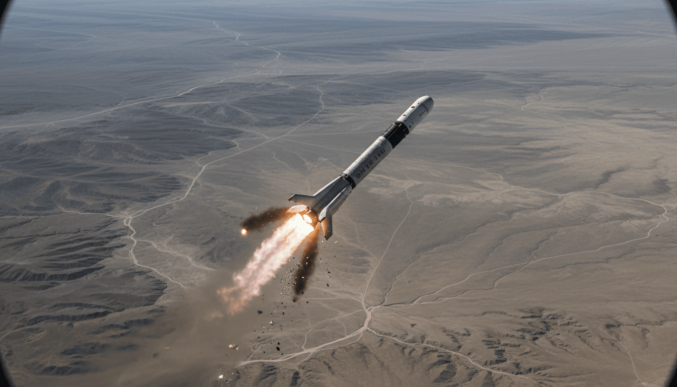 A partially obscured Chinese rocket booster, showing scorch marks from atmospheric re-entry, failing to achieve a stable vertical landing, with exhaust plumes indicating a loss of control, illustrating the failed China rocket reuse system test.