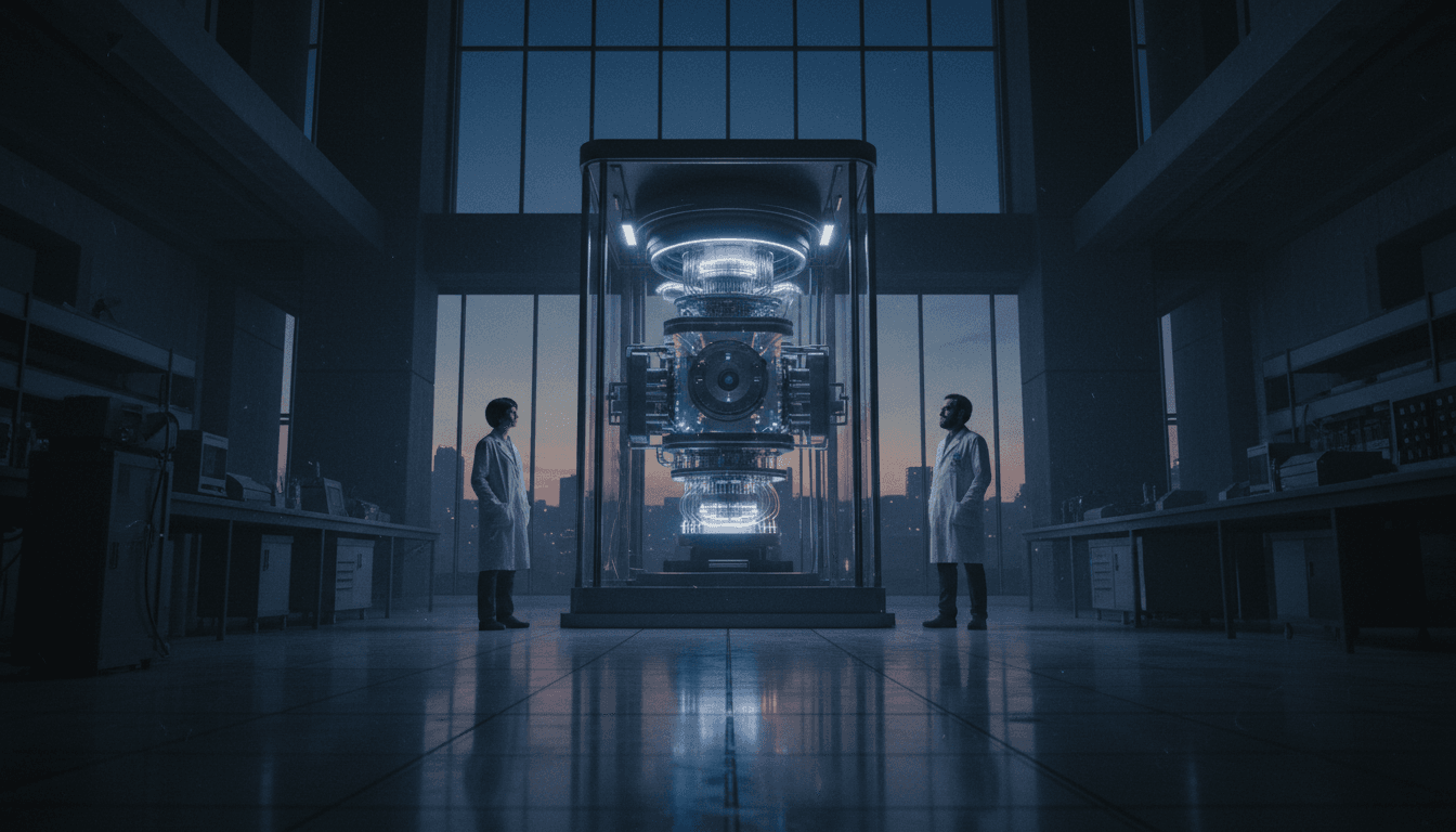 A dimly lit laboratory scene featuring a large, complex quantum computer system glowing with subtle blue and purple lights, symbolizing the new processing milestone.