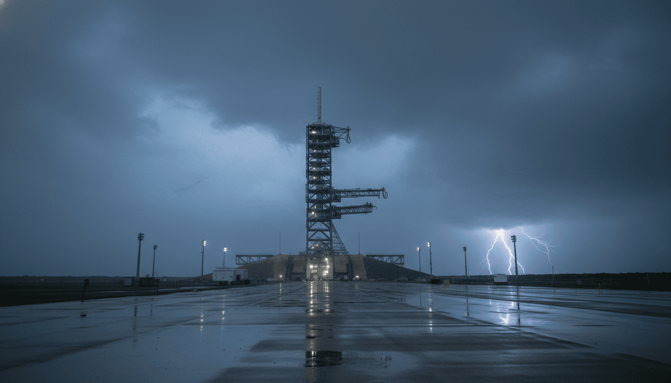 A launch pad stands empty under a dark, stormy sky, symbolizing the scrubbed mission due to poor weather causes NASA, SpaceX to delay.
