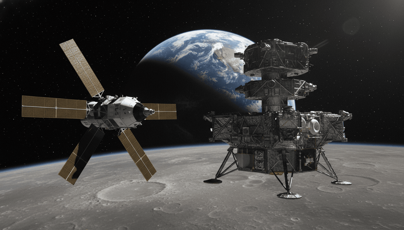 An artist's rendering shows the Orion spacecraft docking with a Human Landing System module in lunar orbit, signifying the complex Artemis 3 astronaut test flight.