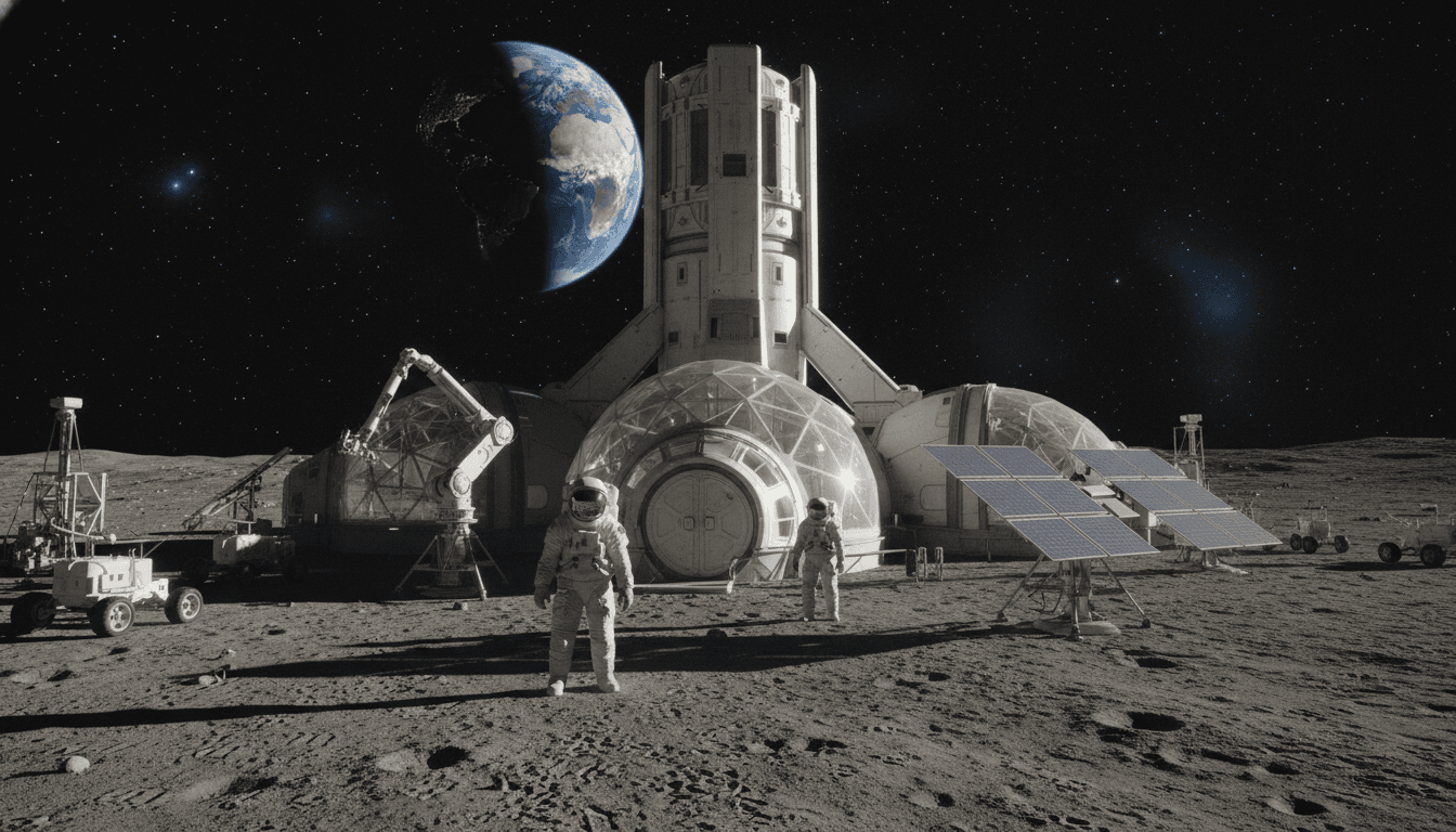 A detailed artist's rendering of the future Artemis moon base plan on the lunar surface, with astronauts working near habitats.