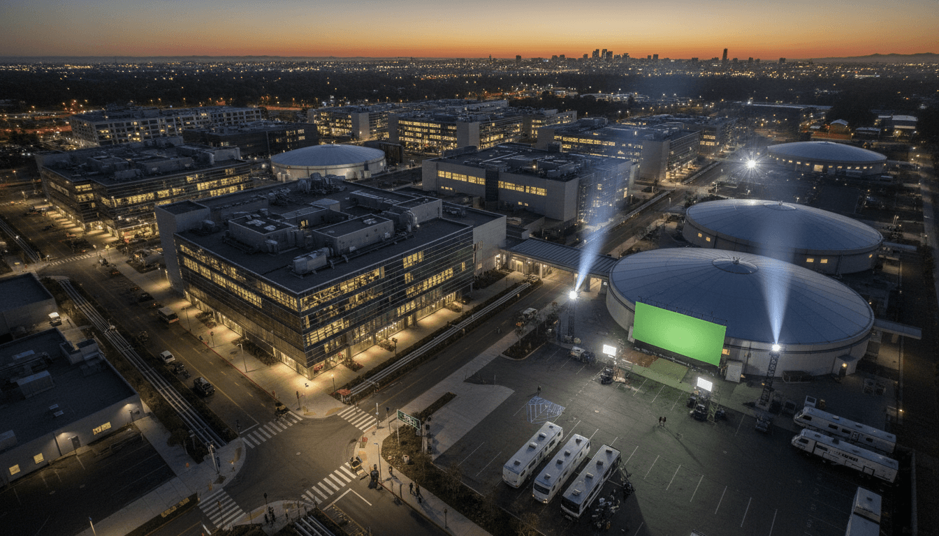 An aerial view of a bustling movie studio lot at dusk, with spotlights illuminating various soundstages, symbolizing the production of the Best Movie in 2026.
