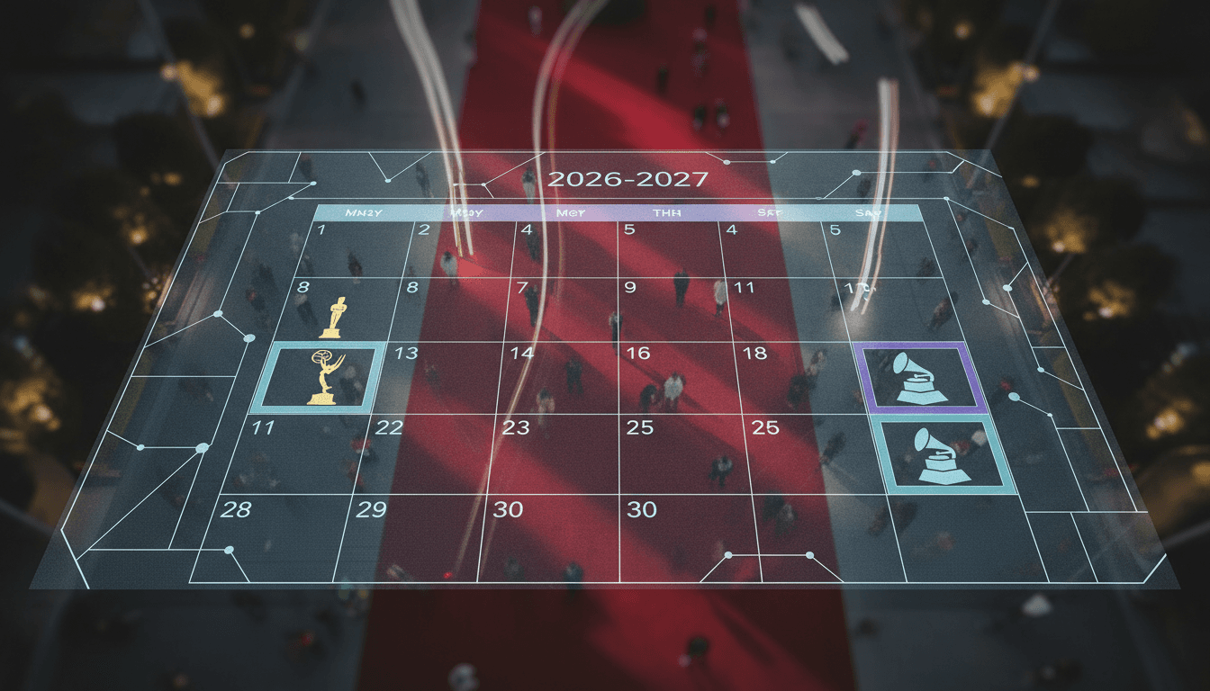 A stylized, glowing Awards Season Calendar with iconic award statuettes (Oscar, Emmy, Grammy, Tony) silhouetted against a backdrop of a digital clock, symbolizing the precise scheduling of the 2026-27 Awards Season Calendar.