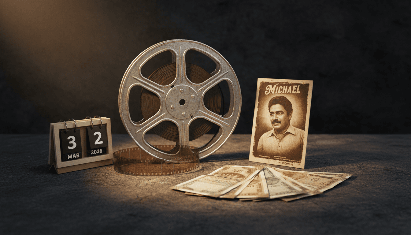 A still life composition featuring a vintage film reel next to a stylized movie poster for 'Michael,' with a small stack of Indian rupees and a calendar showing May 3, 2026, subtly placed to represent the Michael box office collections surge.