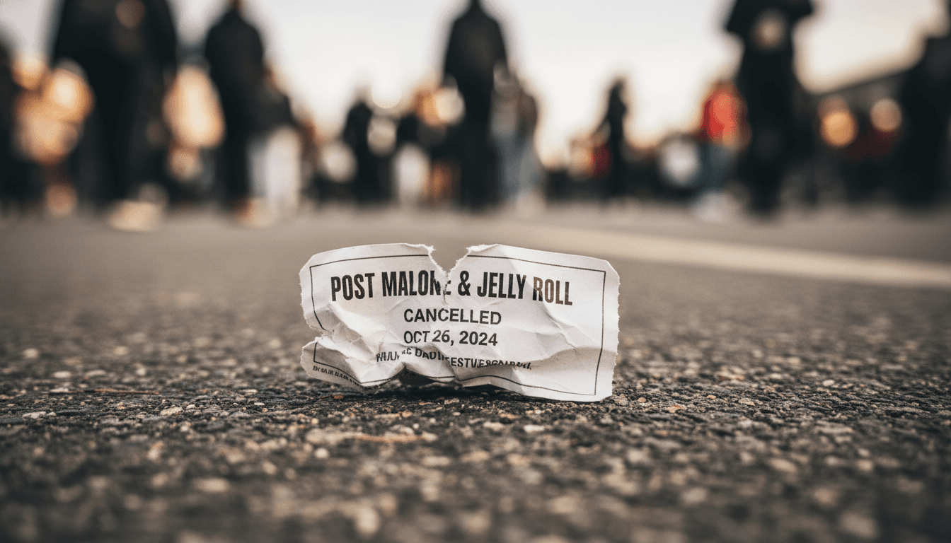A close-up of a crumpled, unsold concert ticket stub for a Post Malone and Jelly Roll show, symbolizing the poor ticket sales forced by low demand.