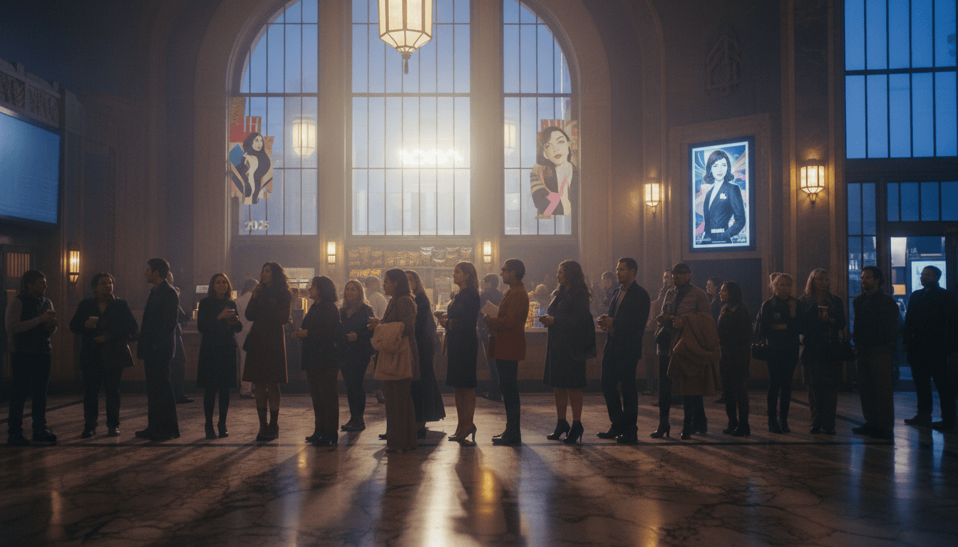 A bustling cinema foyer filled with moviegoers lining up to see 'The Devil Wears Prada 2' worldwide box office hit.