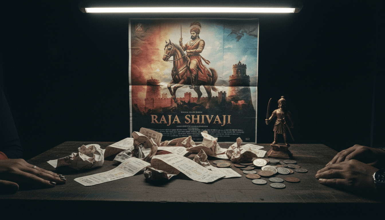 A theatrical movie poster for 'Raja Shivaji' prominently displayed, with ticket stubs scattered in the foreground, symbolizing the Raja Shivaji film enters second week with decent hold.