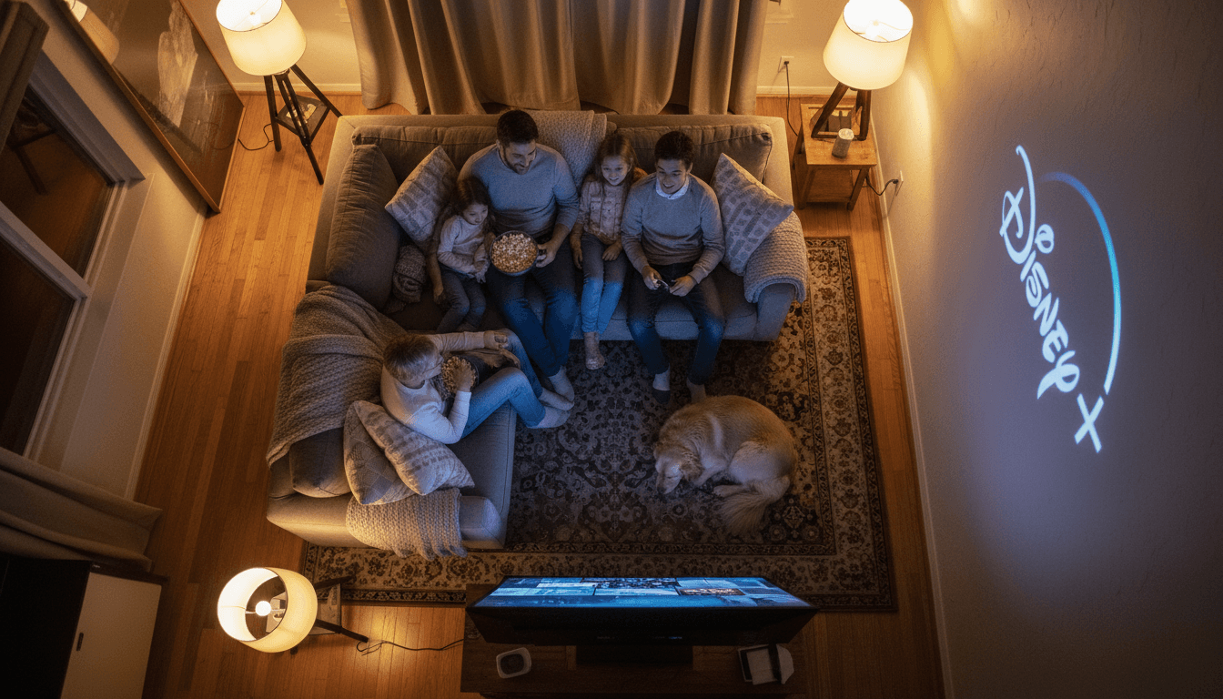 A family laughing together while watching one of 30 family films on a TV, with the Disney+ logo subtly visible in the background, symbolizing shared entertainment.