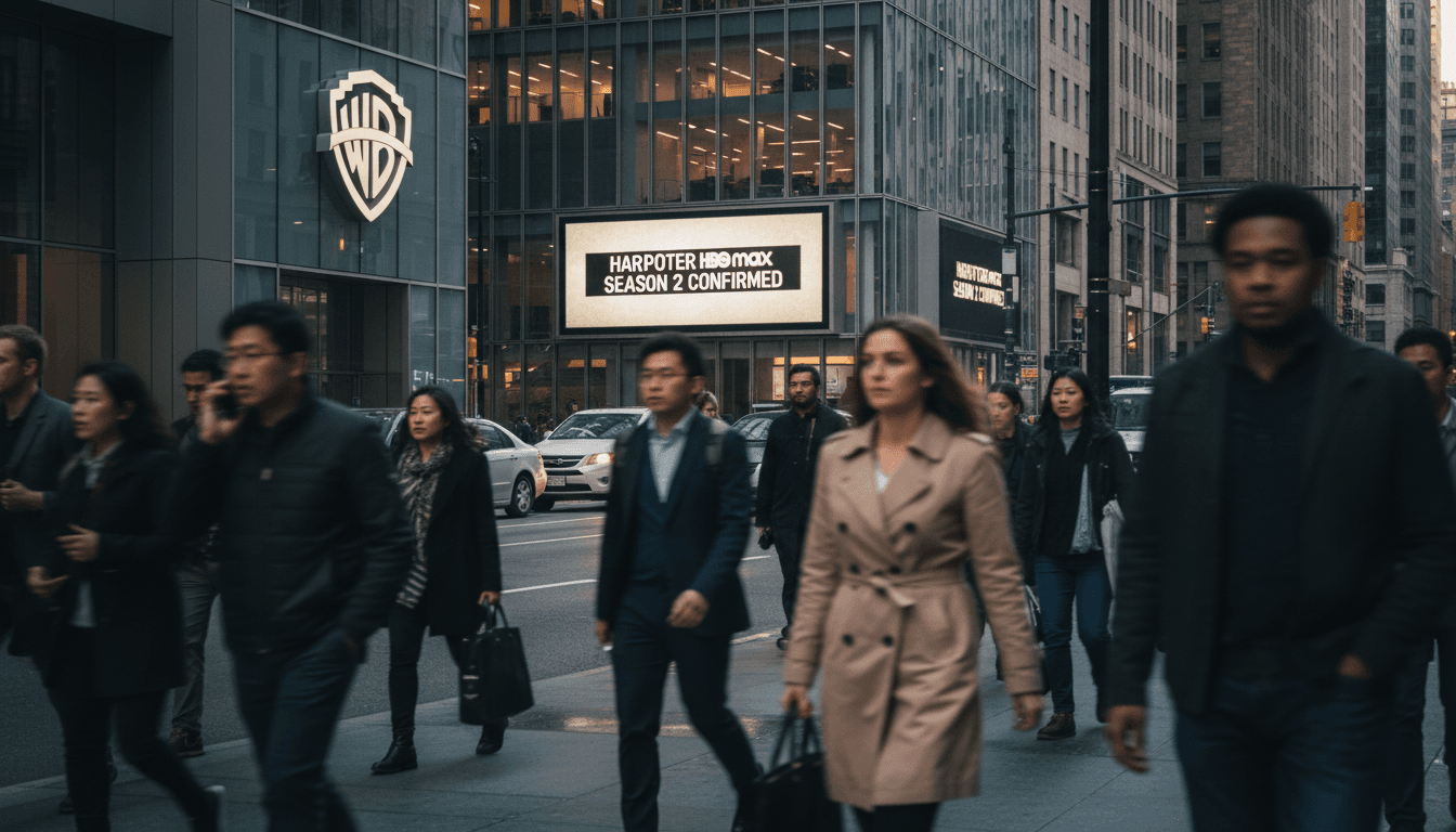 A bustling street outside a Warner Bros. Discovery office building, with a digital billboard subtly displaying 'Harry Potter HBO Max season 2 confirmed' in the background.