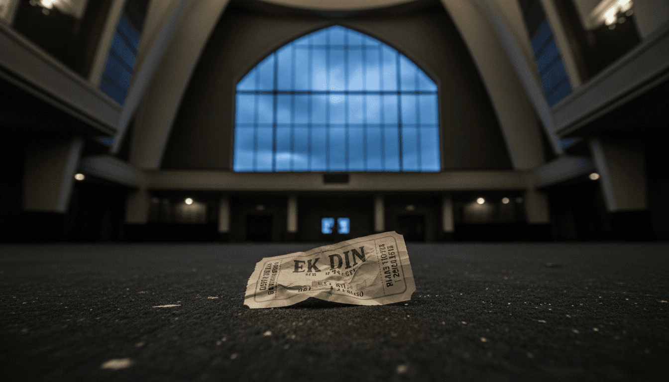 A close-up shot of a crumpled, discarded movie ticket stub for 'Ek Din' lying on a dusty cinema floor, subtly reflecting the dim light of an empty theater aisle, symbolizing the film's underwhelming Ek Din Week 1 box office performance.