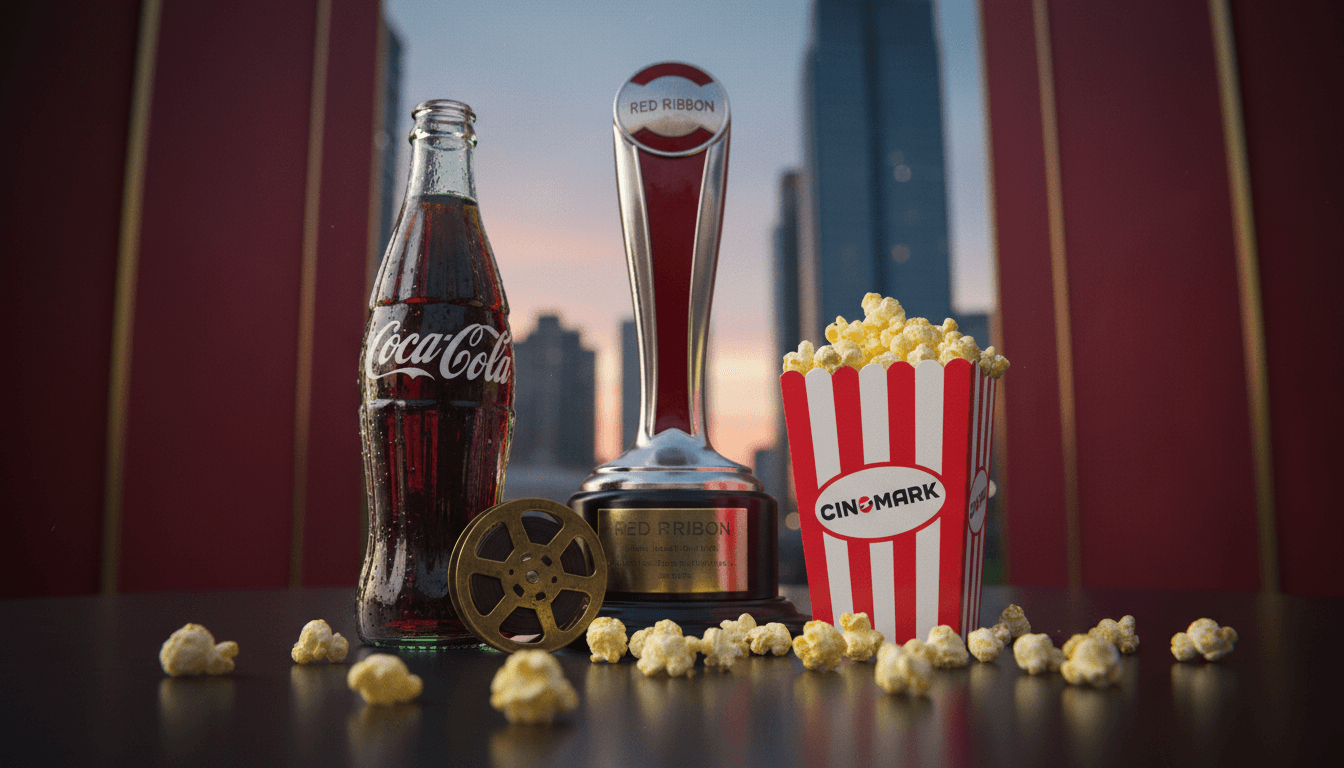 A curated still life featuring a 'Red Ribbon' award, a Coca-Cola bottle, a small film reel, and a Cinemark popcorn box, symbolizing the Full Sail Showcases Coca-Cola Refreshing Films Finalists event.
