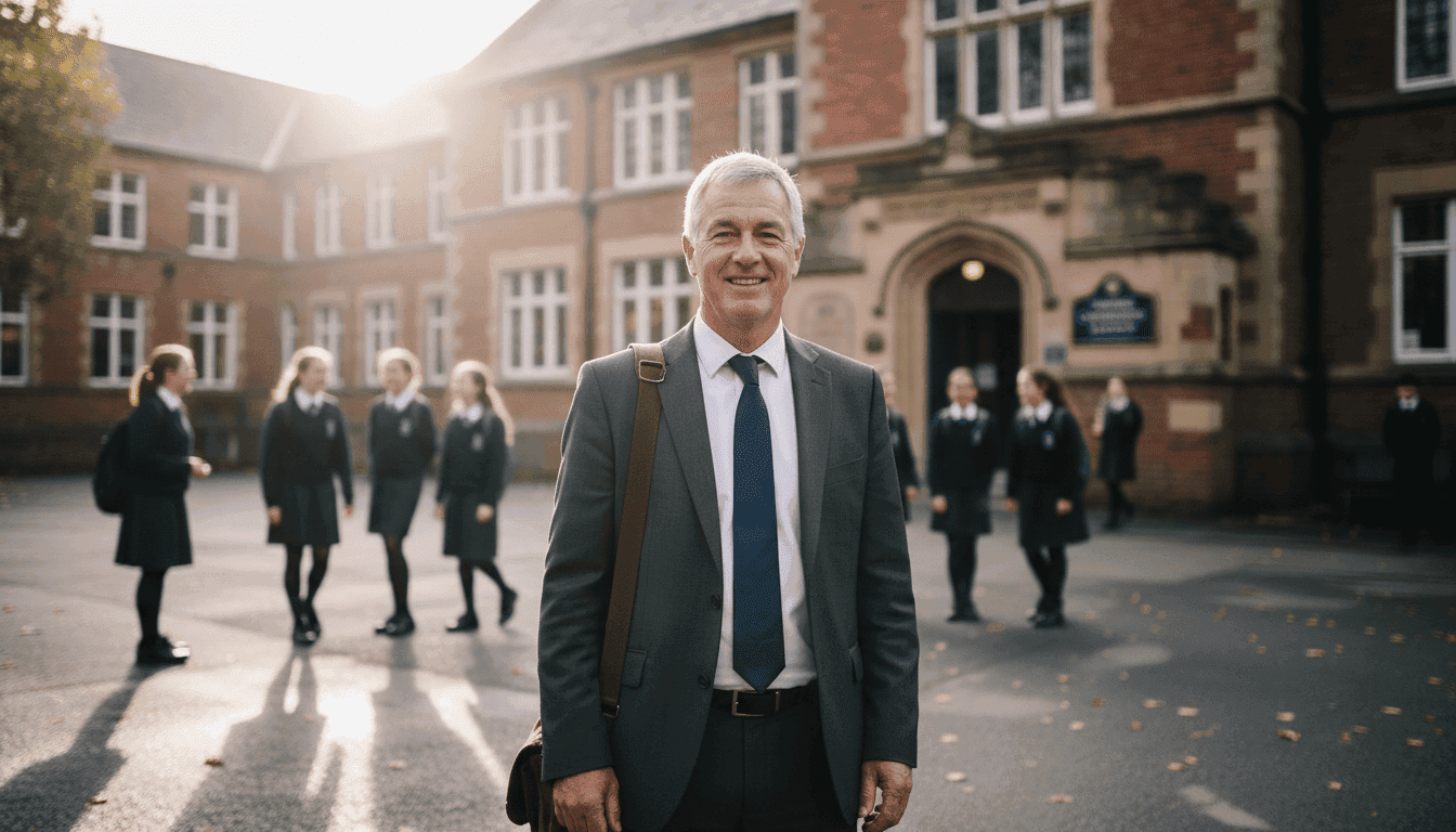 Mr. Burton, headteacher of Thornhill Community Academy, where Educating Yorkshire was filmed, standing proudly outside the school.