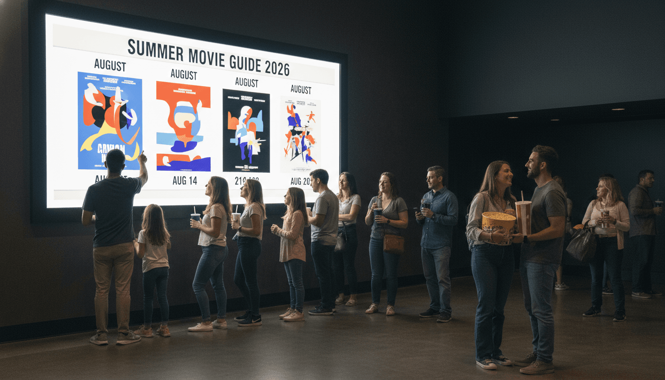 A bustling cinema lobby filled with moviegoers excitedly looking at a large digital screen displaying the 'Summer Movie Guide 2026' with various film titles and release dates.