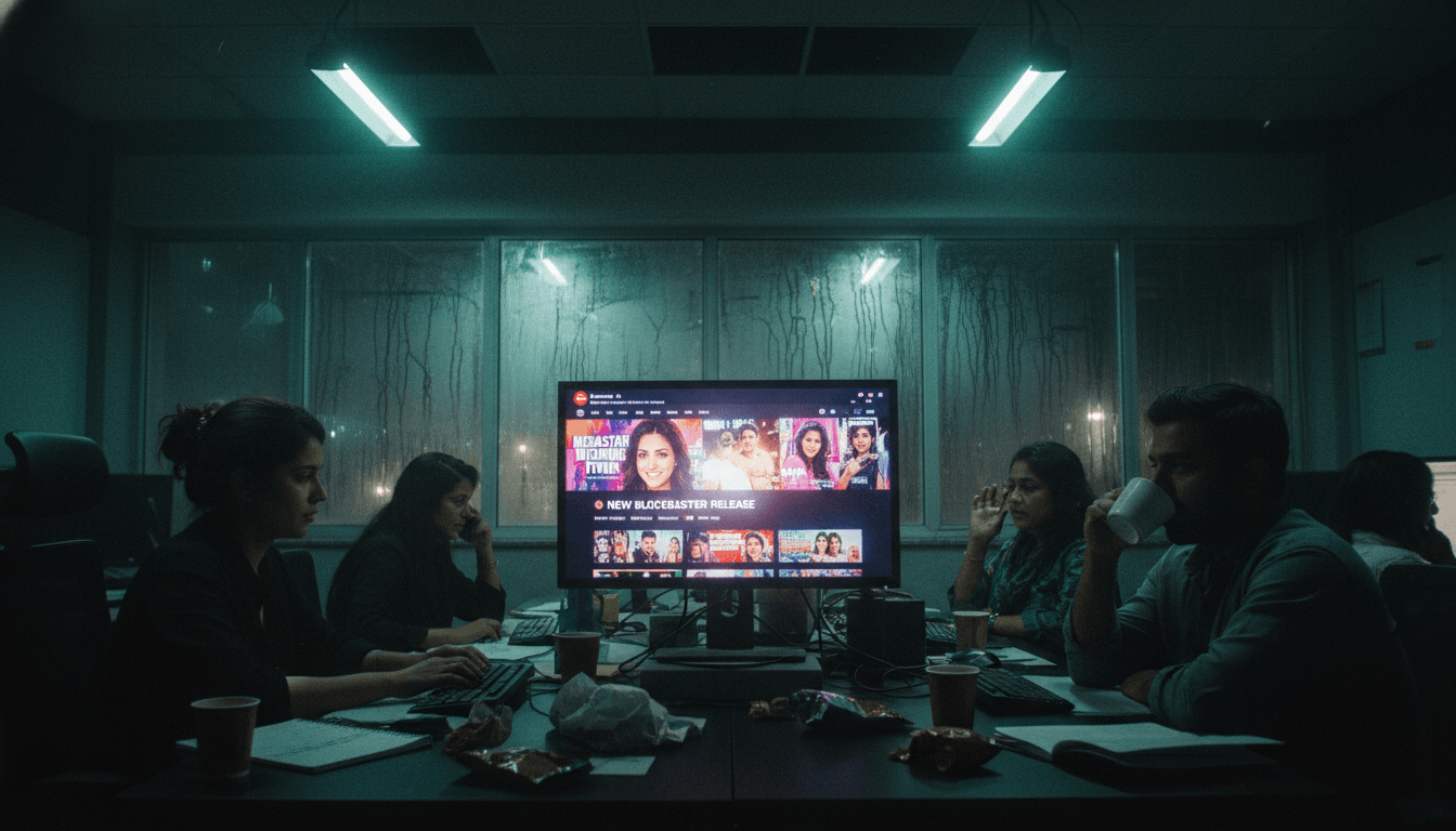 A bustling digital interface for a new-age Bollywood digital news platform, showing dynamic headlines and celebrity images on a screen.
