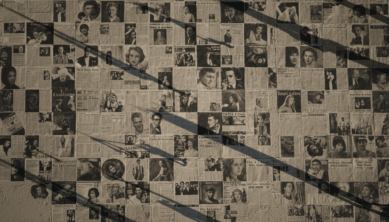 A mosaic of faded, ghost-like newspaper headlines and blurred celebrity photographs, symbolizing how celebrity scandals fade into history.