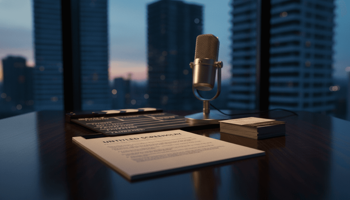 A collection of items representing the meeting where Telugu producers meet Pawan Kalyan, including a film script, a director's clapboard, a stack of business cards, and a microphone, all arranged on a polished wooden table.