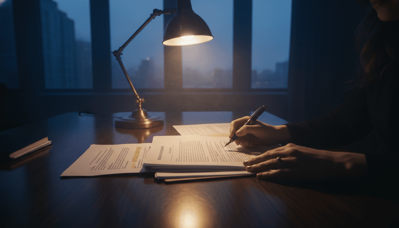 A legal document for a celebrity defamation lawsuit being reviewed by a lawyer in a dimly lit office.