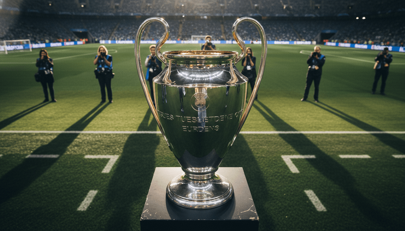 A close-up of the UEFA Champions League trophy, polished gold reflecting stadium lights, symbolizing the immense value of Champions League media rights.