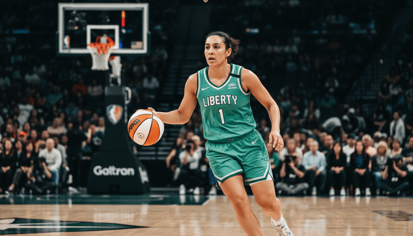 A New York Liberty player in action on the court, driving towards the basket, highlighting the high Liberty valuation.
