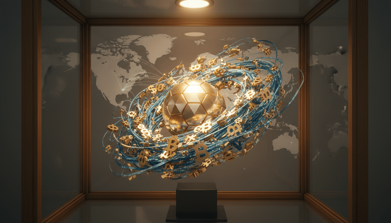 A conceptual image representing the vast financial flow of global football, with stylized currency symbols intertwining with a football, illustrating how FIFA anticipates $14 billion revenue.