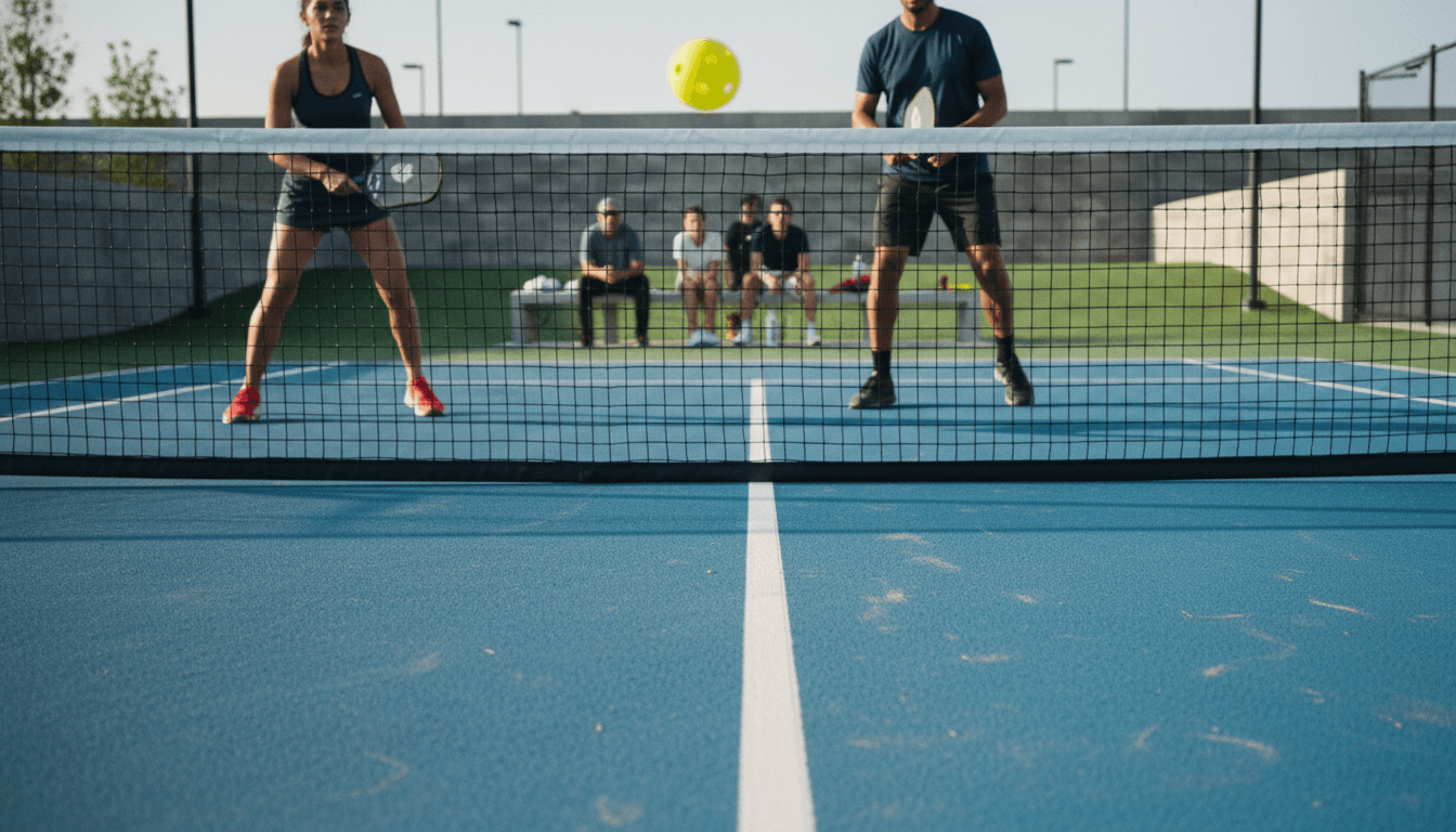 A vibrant pickleball court with players mid-game, showcasing the energetic atmosphere of the new home for sport facilities.