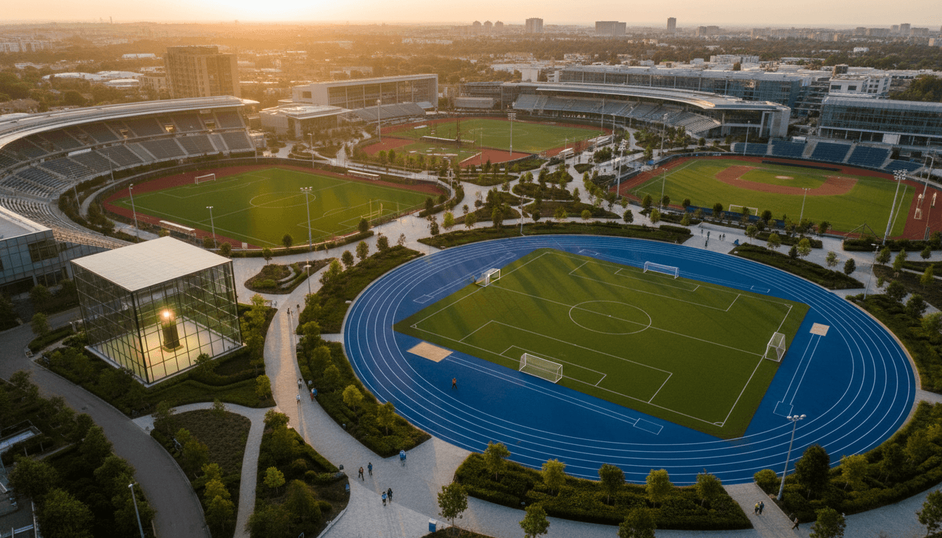 An aerial view of a modern sports complex at sunset, symbolizing the growth potential of an under-the-radar stock in the sports industry.