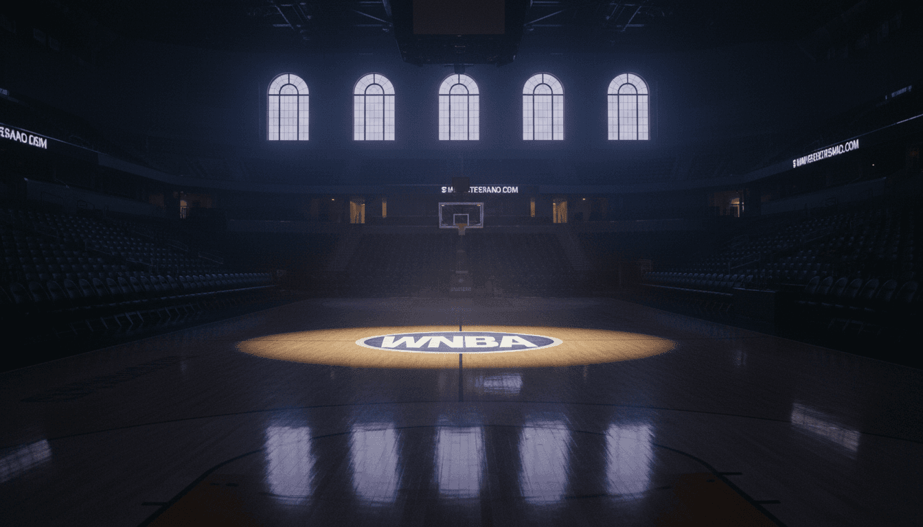 A WNBA basketball court, empty and dimly lit, with the WNBA logo subtly glowing at center court, symbolizing the quiet but powerful financial growth of WNBA team valuations.