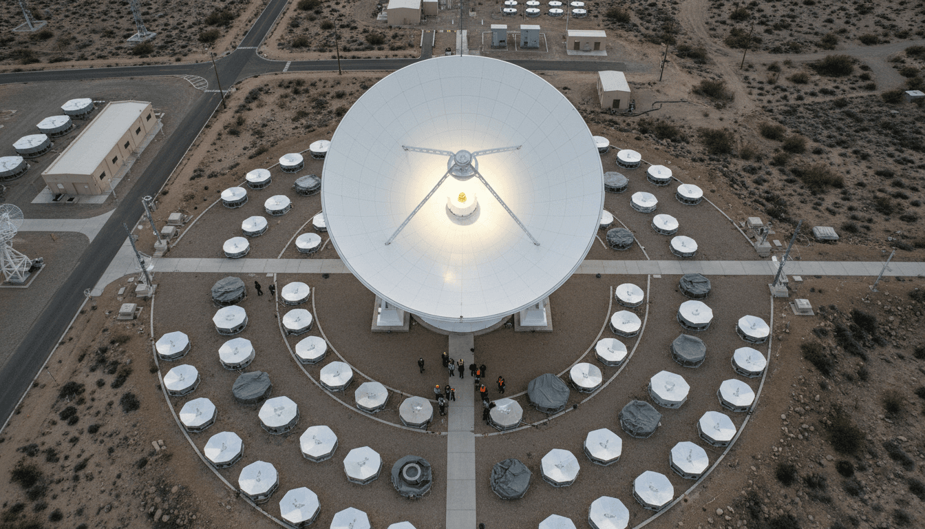 Aerial view of a satellite dish array with a Raytheon Satellite Terminal Contract logo superimposed, set against a modern data center backdrop.