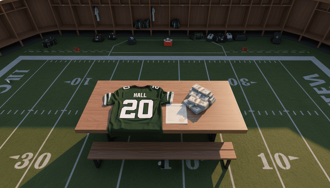 A New York Jets jersey with Breece Hall's name and number, alongside a stack of dollar bills and a replica NFL franchise tag document, symbolizing his contract increase.
