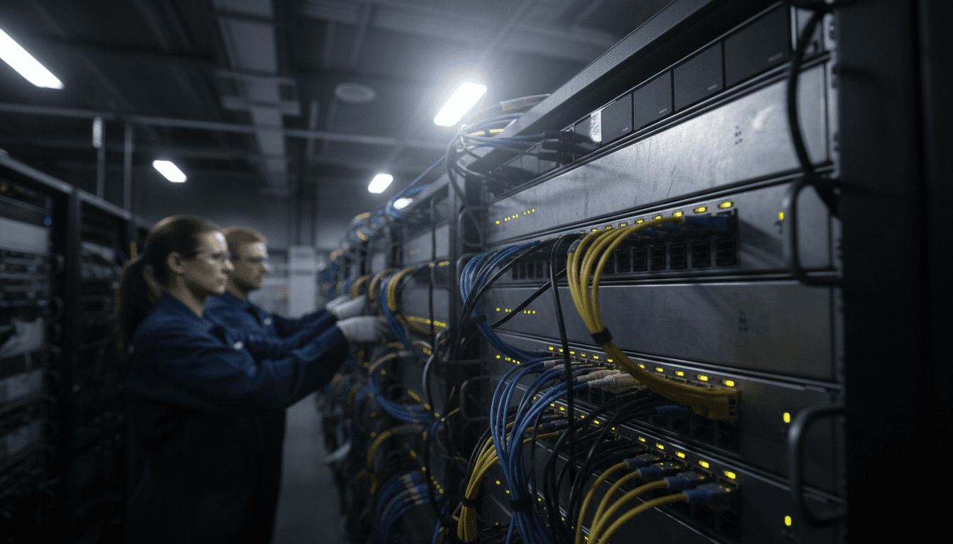 A close-up of a server rack with glowing indicator lights, symbolizing the massive scale of Oracle's record cloud deal for AI infrastructure.