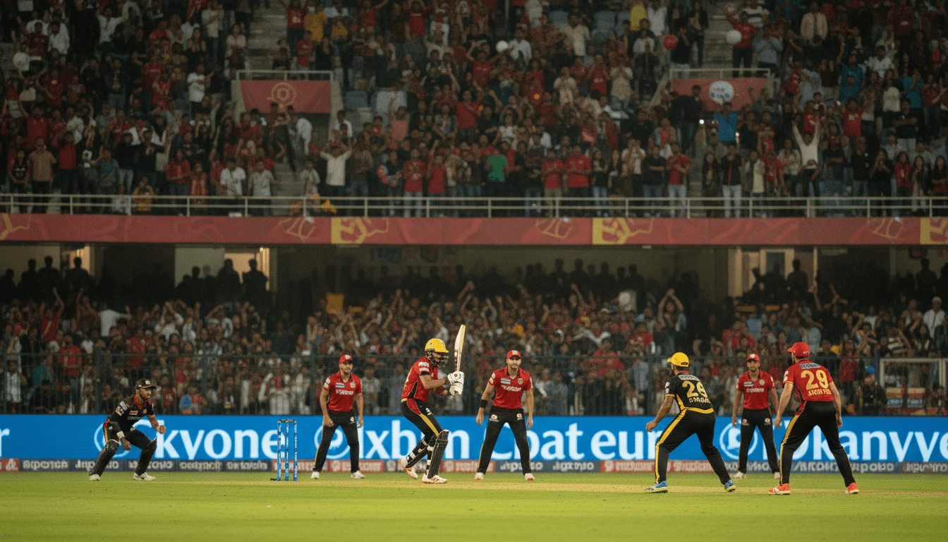Wide shot of a bustling cricket stadium during an IPL match, showing the Royal Challengers Bengaluru team on the field, with spectators in the stands, illustrating the RCB franchise deal's context.