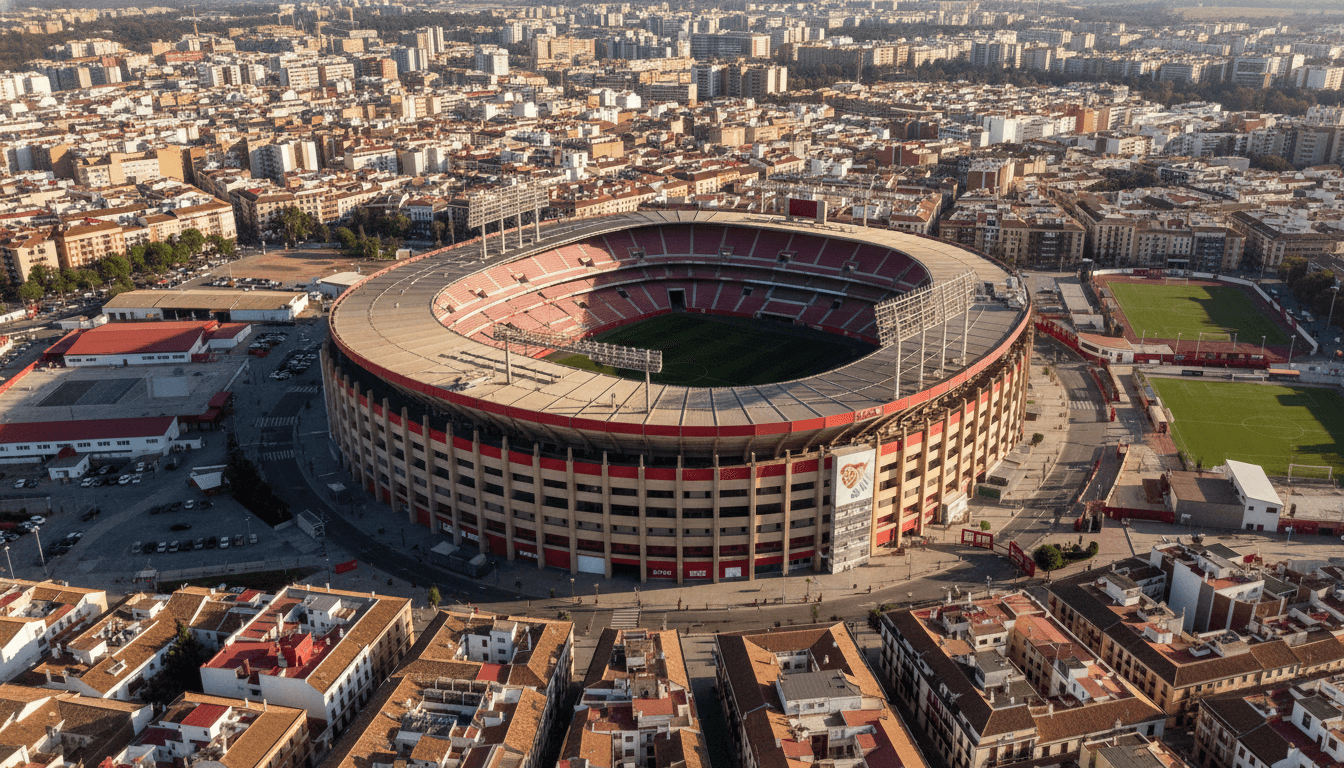 Aerial view of Ramón Sánchez Pizjuán Stadium in Seville, Spain, with the Sevilla FC acquisition deal in focus.