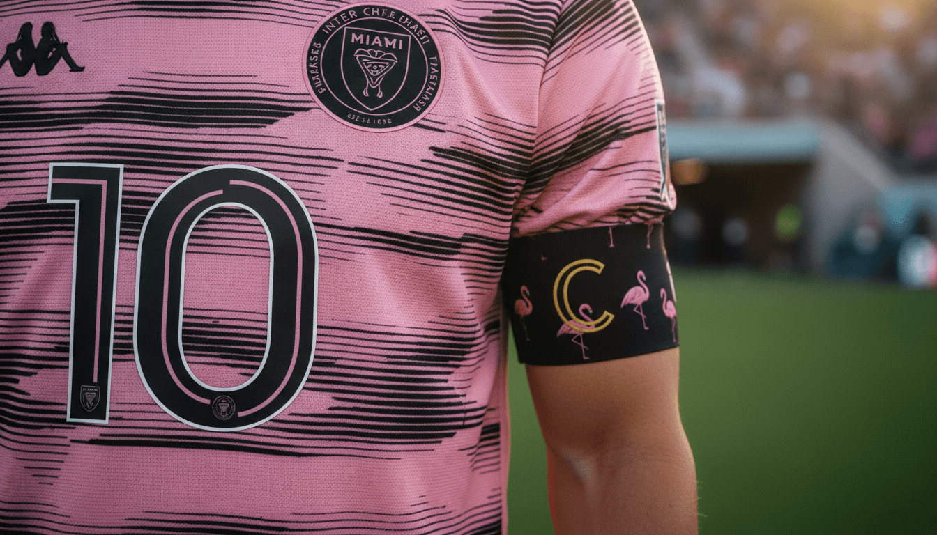 Close-up of Lionel Messi's Inter Miami jersey with the number 10 and captain's armband, symbolizing his status as the league's top earner.