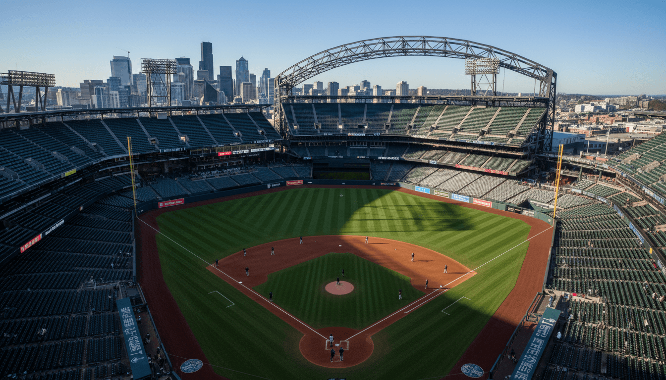 An aerial view of T-Mobile Park in Seattle with the cityscape in the background, focusing on the baseball diamond where Colt Emerson might play.