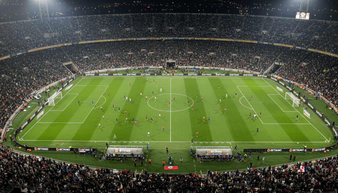 An aerial view of a packed football stadium during a major FIFA tournament, with digital advertising boards around the pitch displaying the Betano logo, emphasizing how FIFA deepens betting ties.
