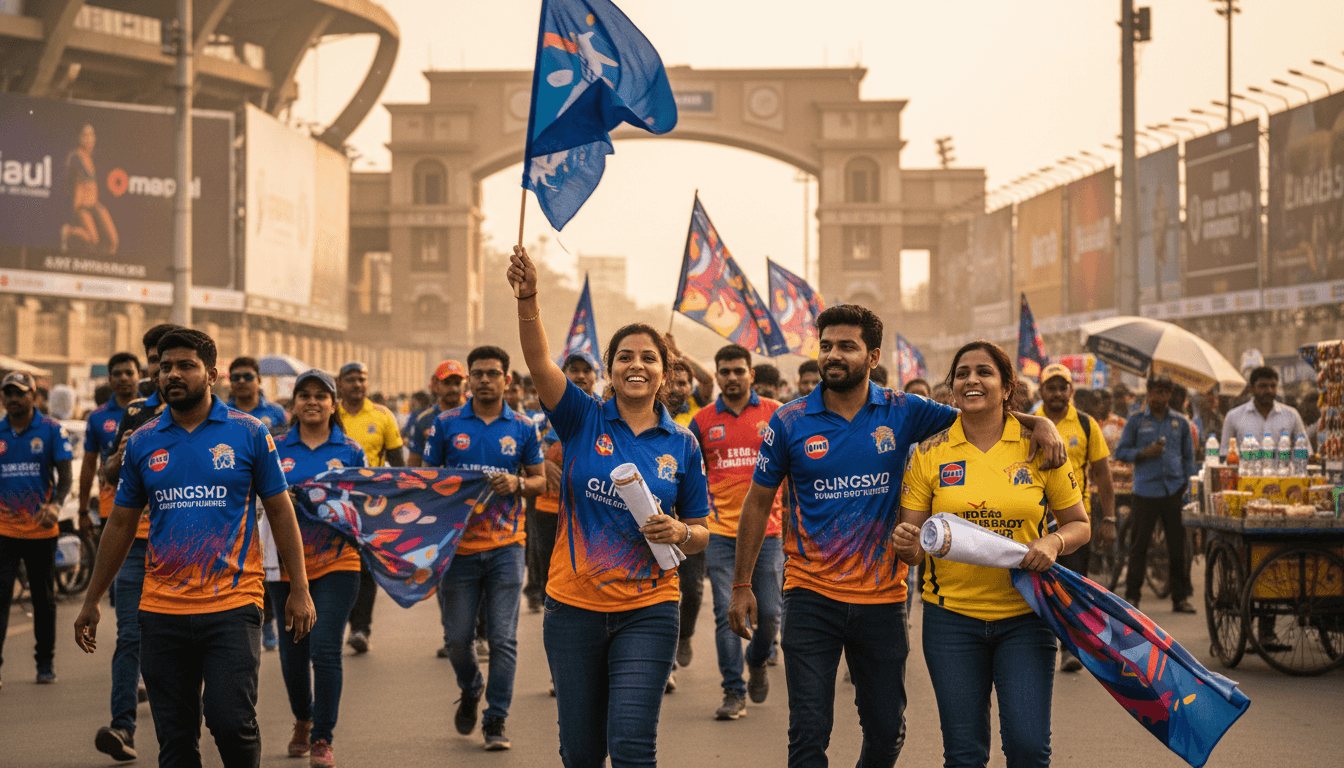 A bustling street-level view of an IPL cricket stadium entrance, with fans in team jerseys and banners, reflecting the high IPL franchise valuations.