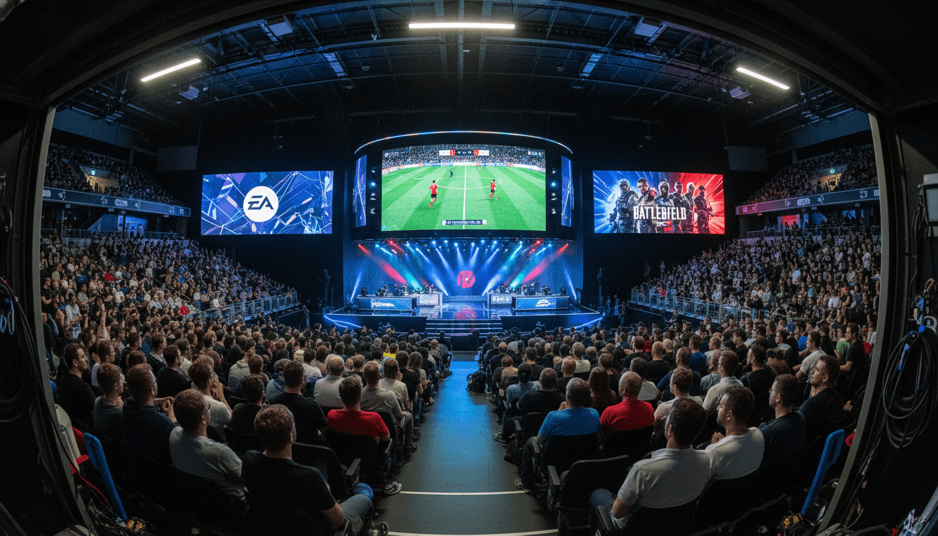 A vibrant, panoramic shot of a packed stadium during an EA Sports FC game, with a large screen displaying the game's interface and the Electronic Arts logo prominently visible.