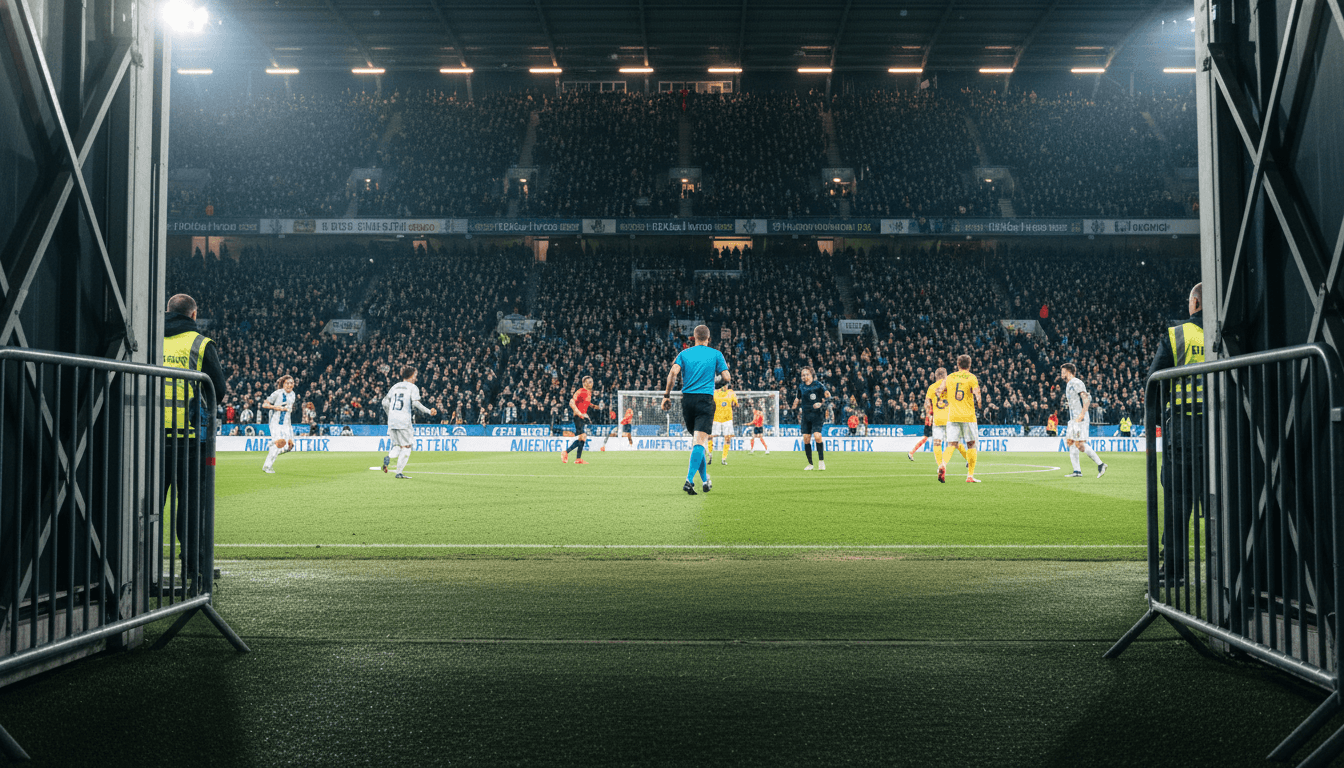 A vibrant stadium at night during a major football match, with numerous digital and static signage displays showcasing various brands, reflecting the booming sports sponsorship market.