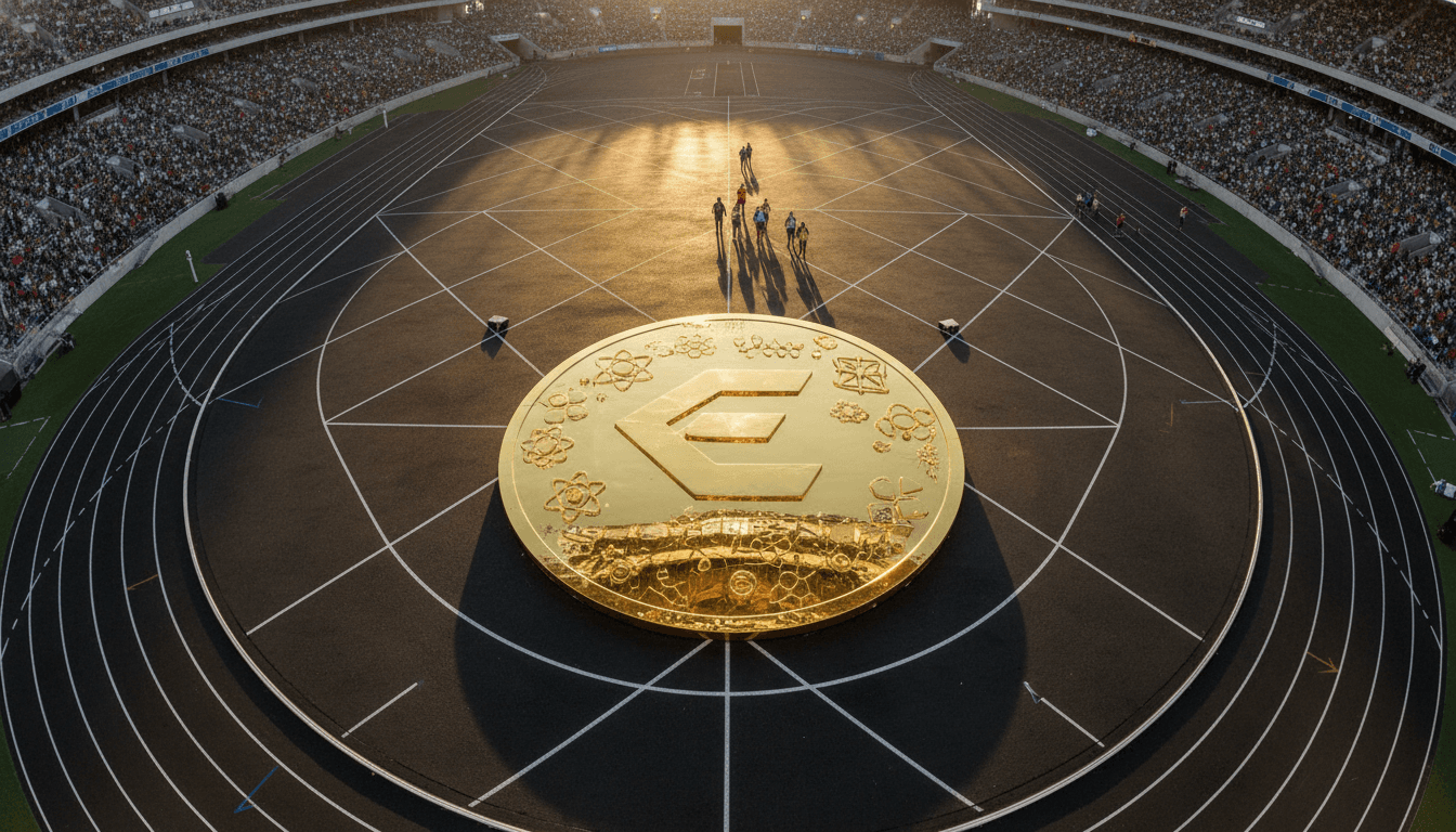 A close-up of a gold medal from the Enhanced Games, reflecting stadium lights, symbolizing the Enhanced Games sponsorship value achievement.
