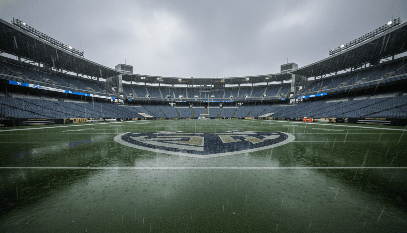 An empty, rain-slicked football field at FedExField, home of the Washington Commanders, under a dramatic, cloudy sky, with the goalposts visible in the distance, conveying the quiet aftermath of a significant financial transaction after the Blue Owl Co-Founder Sells Commanders Deal Stake.