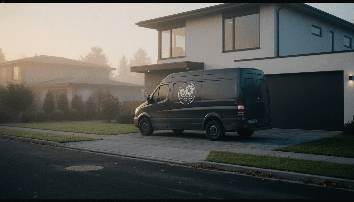 A modern suburban home with a professional service van parked outside, illustrating the residential services provided by Apex Service Partners.