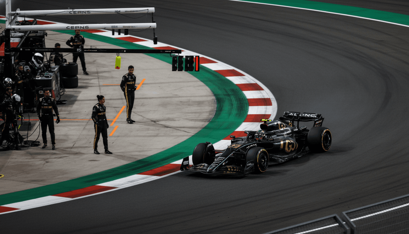 Aerial view of the Gucci Racing Alpine F1 Team car, adorned in black and gold livery with prominent 'G' logos, speeding on a Formula 1 circuit with pit lane activity visible in the background.