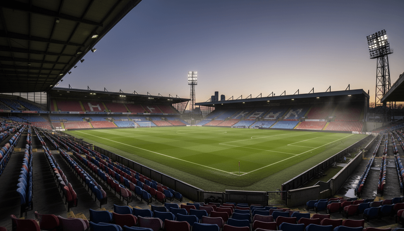 An empty football stadium at dusk, symbolizing the quiet anticipation of Crystal Palace transfer updates.
