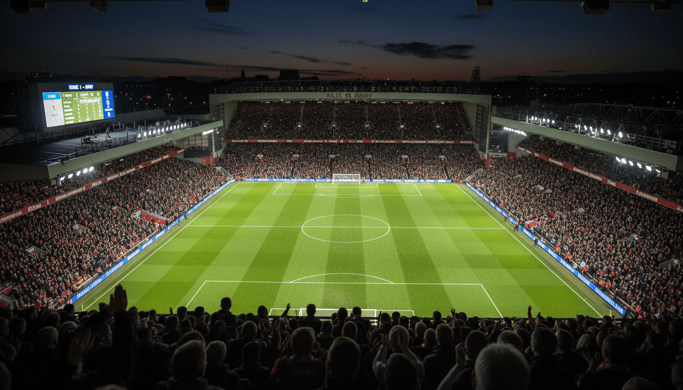 Aerial view of a packed football stadium during a match, with the focus keyphrase 'Salah injury update' subtly integrated into the scene.