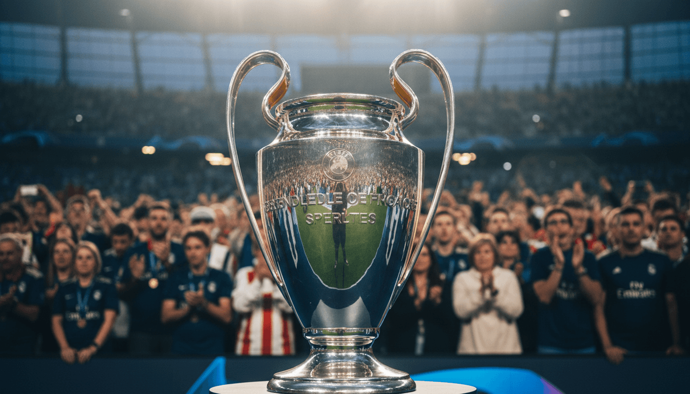A close-up of the Champions League trophy, reflecting the stadium lights, symbolizing the Champions League 2025-2026 final standings.