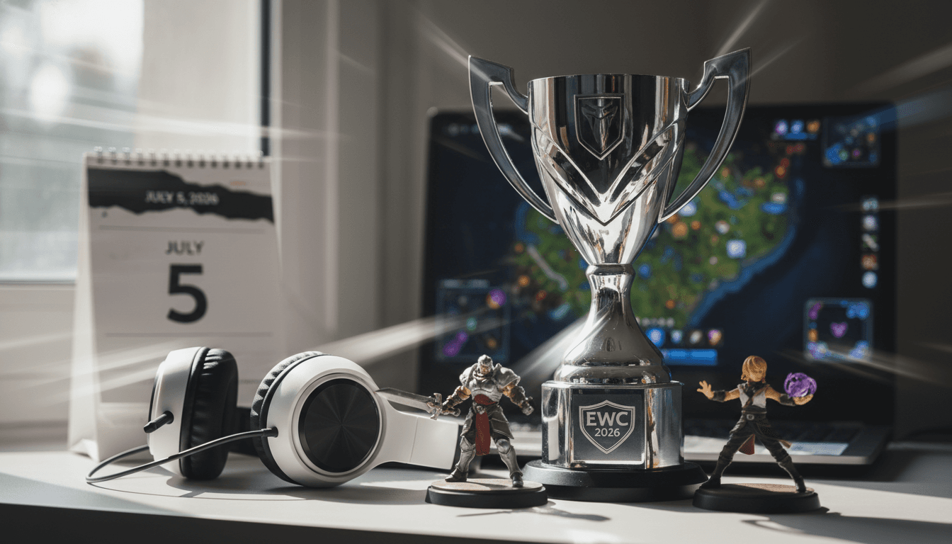 A trophy for the EWC 2026 Korea qualifiers surrounded by League of Legends game elements.